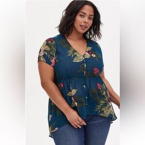 Torrid Teal Floral Babydoll Chiffon Tunic Top Beachy Summer Boho Whimsical 5X